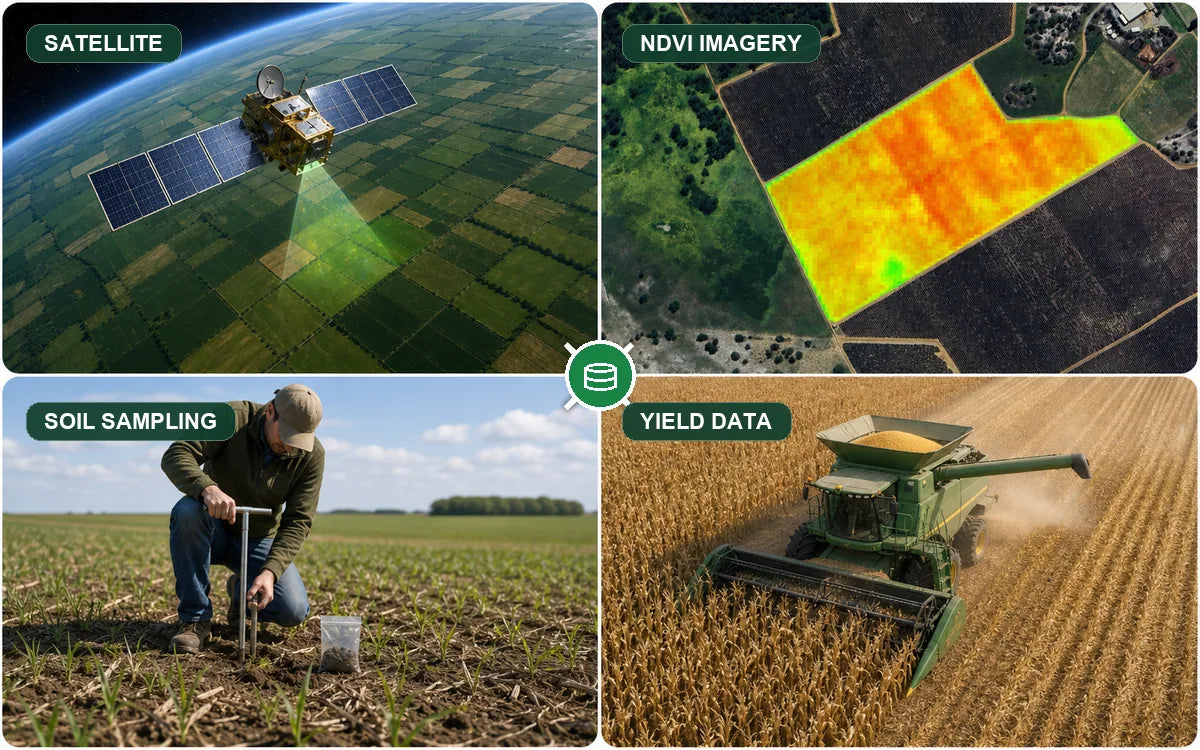 Satellite imagery, NDVI imagery, soil sampling, and yield maps feeding prescription data