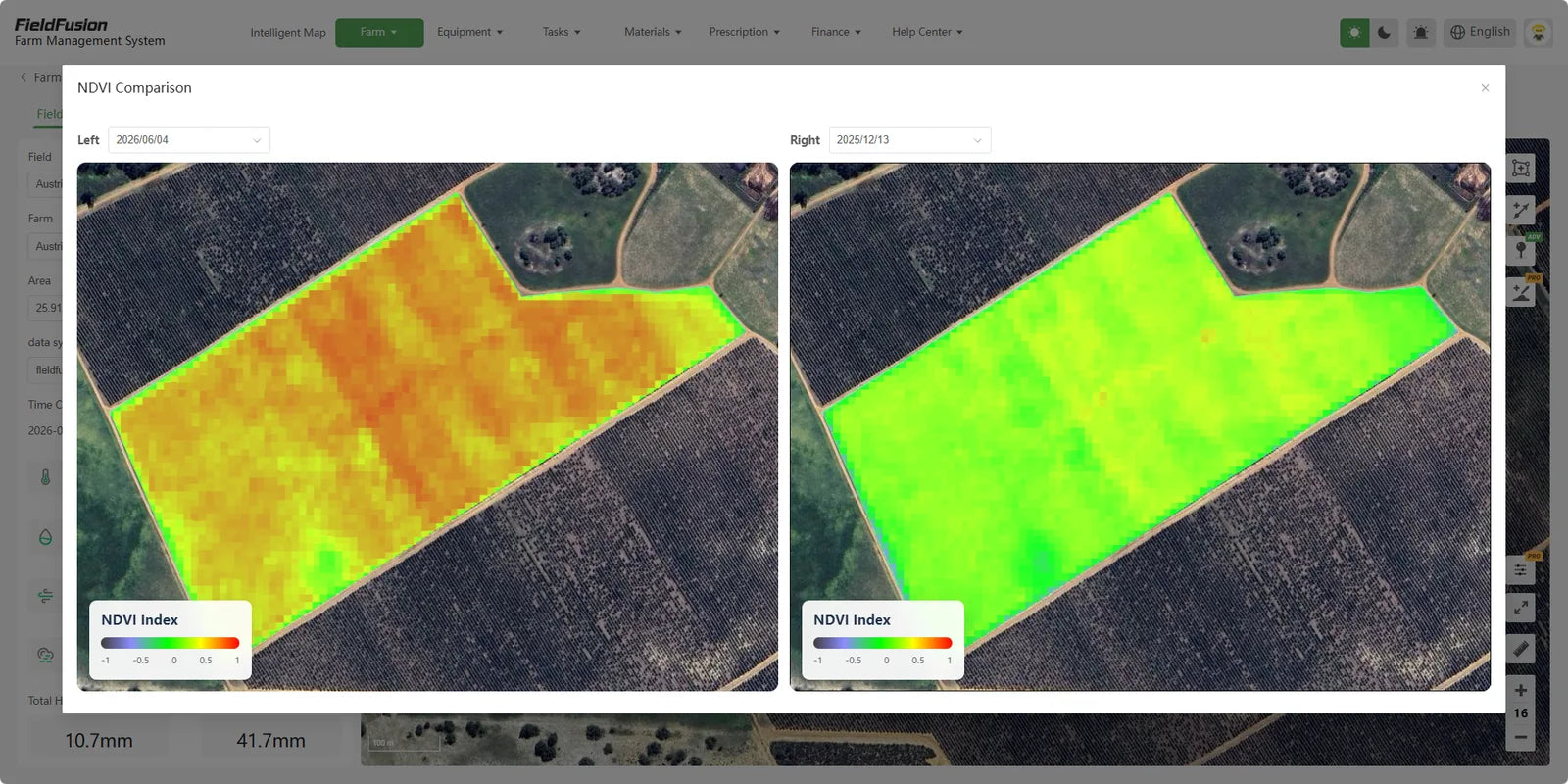 Two FieldFusion NDVI maps compared across different dates