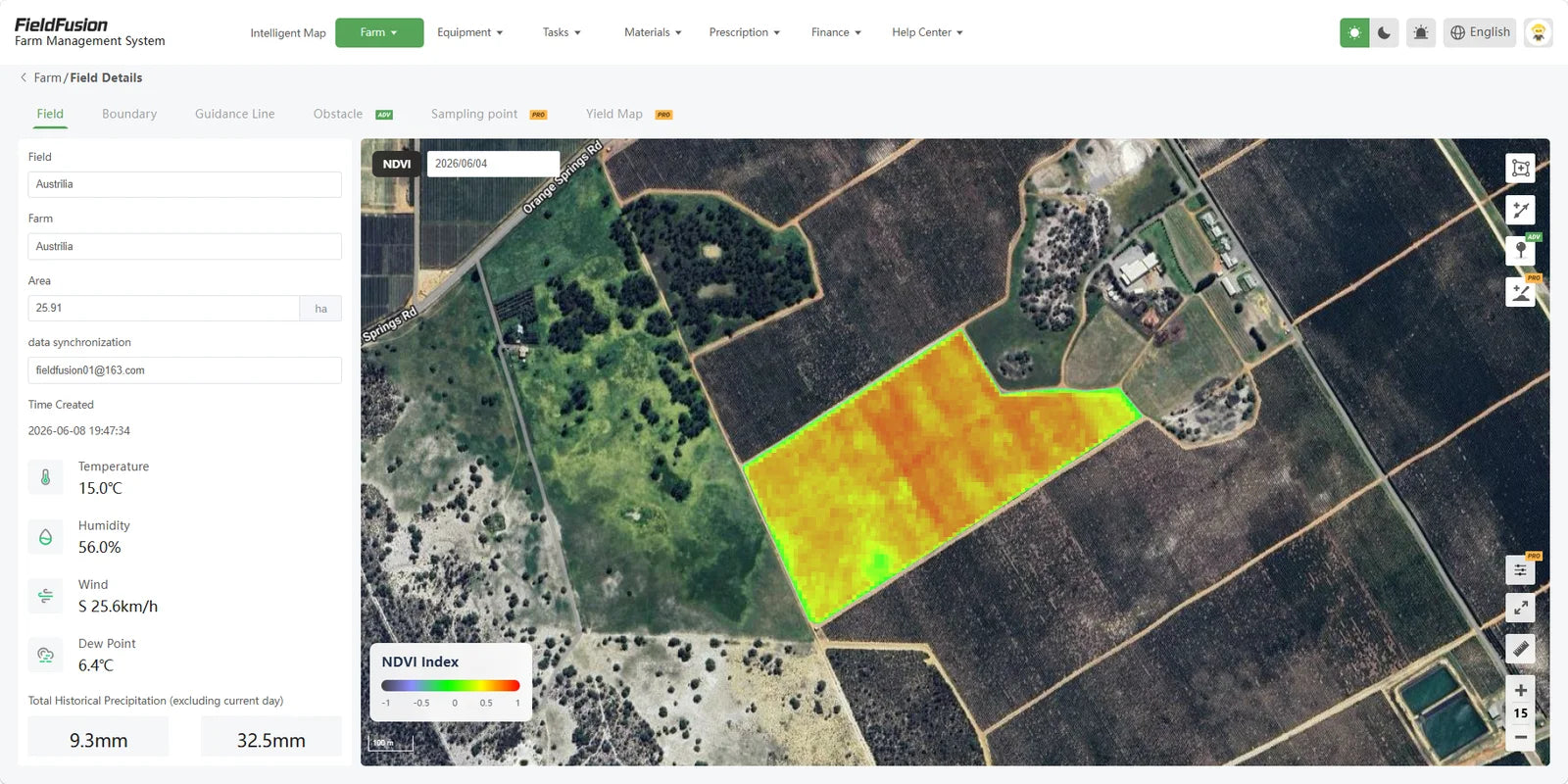 FieldFusion field details showing an NDVI crop-growth map, field area, and weather